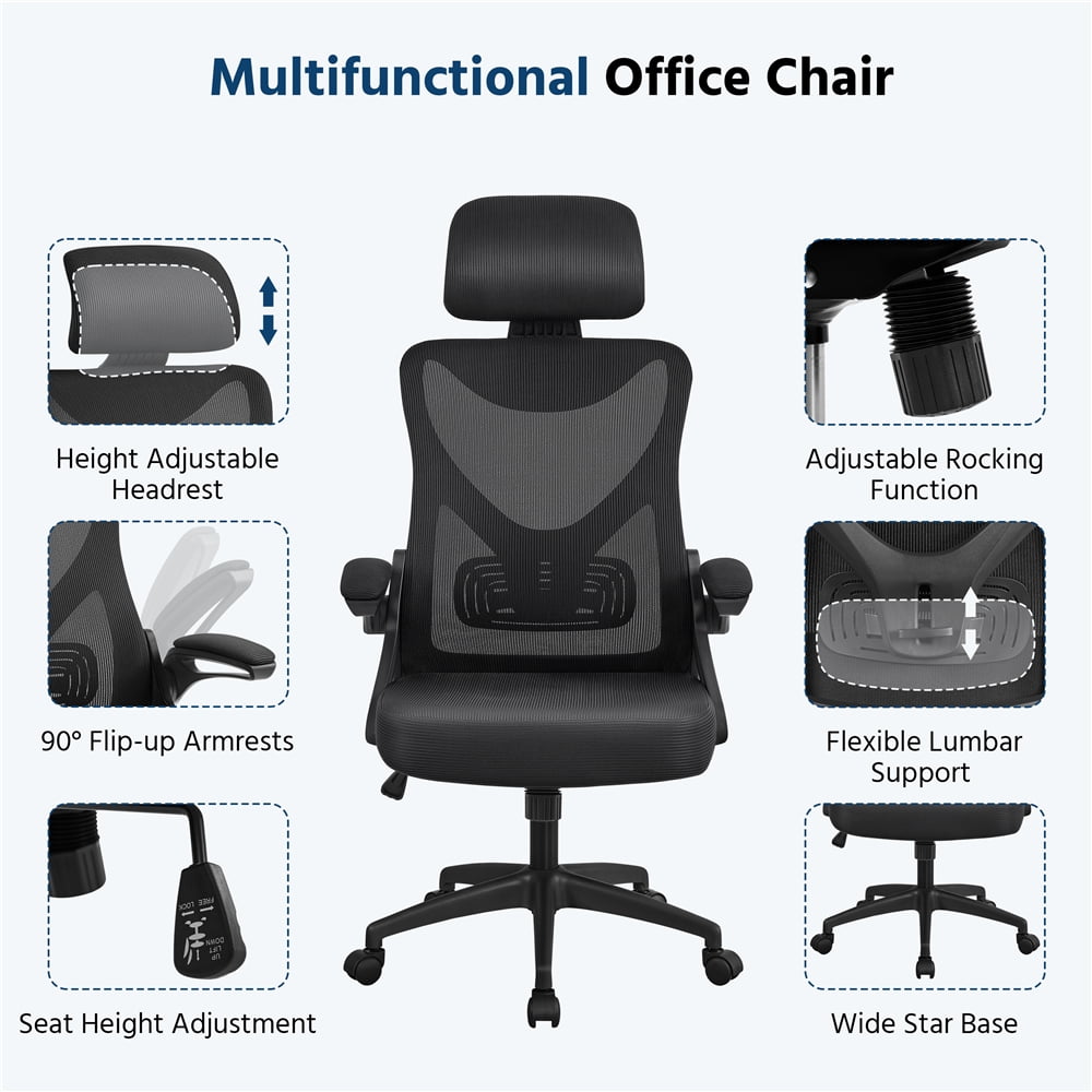 Alden Design High Back Ergonomic Mesh Office Chair with Adjustable Padded Headrest, Black