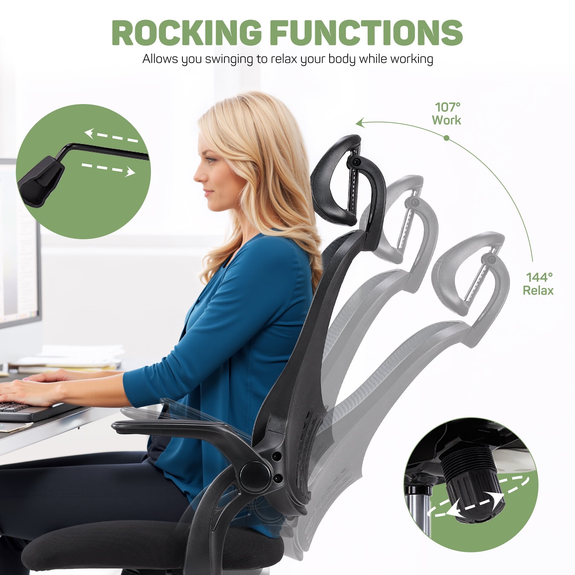 Casabay Ergonomic Office Chair, High-Back Mesh Desk Chairs with Flip-up Armrest Adjustable Headrests, Comfortable Lumbar Support, for Home, Work, Study