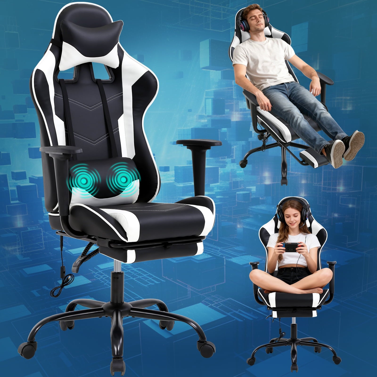 NiamVelo Leather Gaming Chair Ergonomic Video Game Chairs with Flip up Arms, Adjustable Rolling Swivel Chair for Adult Teen, White