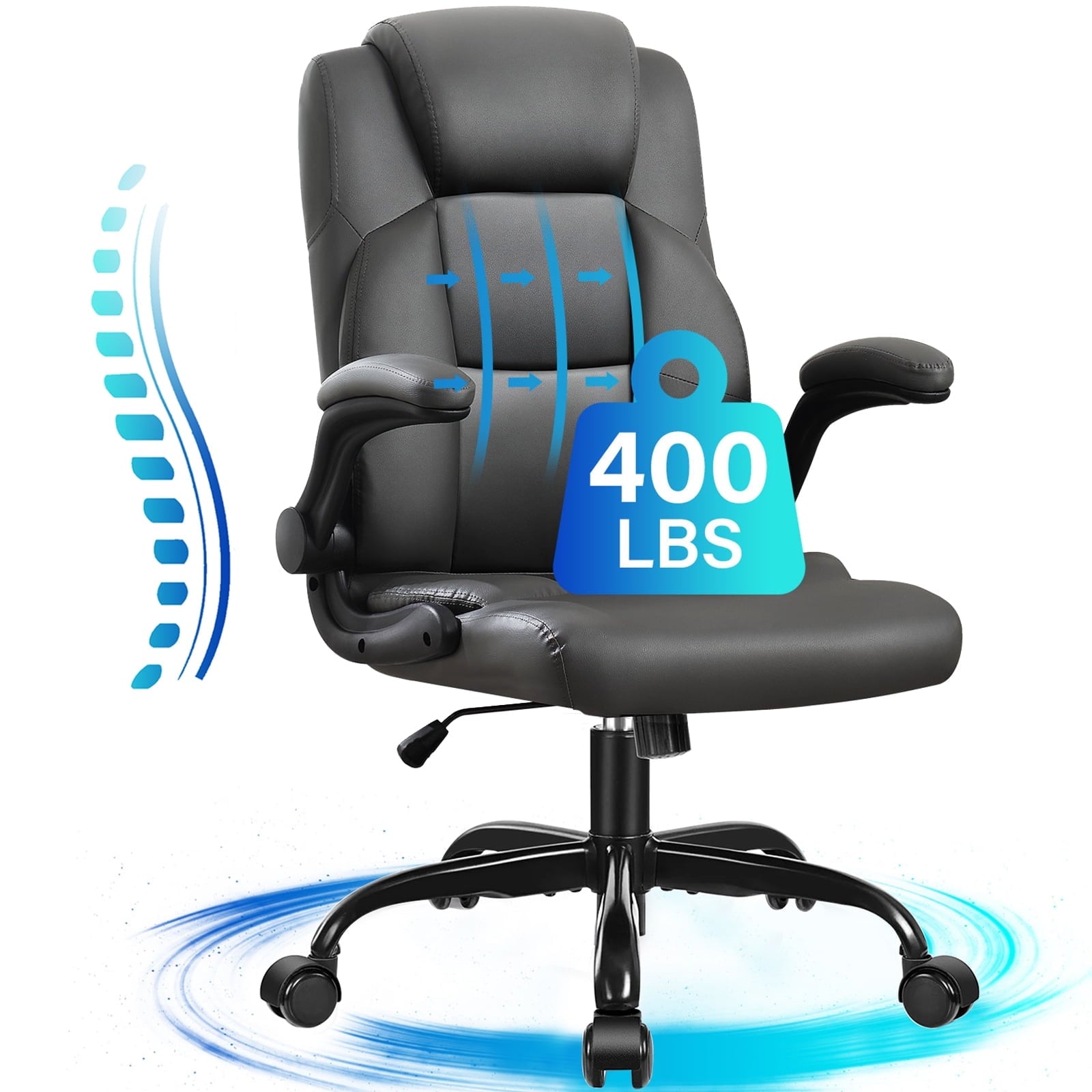 JONPONY Big and Tall Office Chair 400LBS Wide Seat Ergonomic Computer Desk Chair High Back Executive Leather Chair Adjustable Task Chair Lumbar Back Support 8 Hours Heavy Duty Design,9189,Black