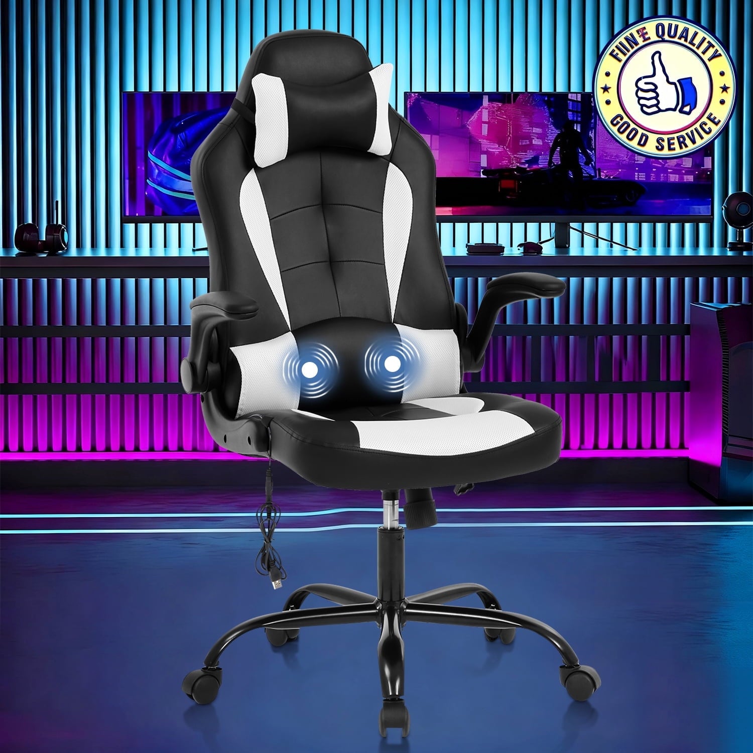 NiamVelo Leather Gaming Chair Ergonomic Video Game Chairs with Flip up Arms, Adjustable Rolling Swivel Chair for Adult Teen, White