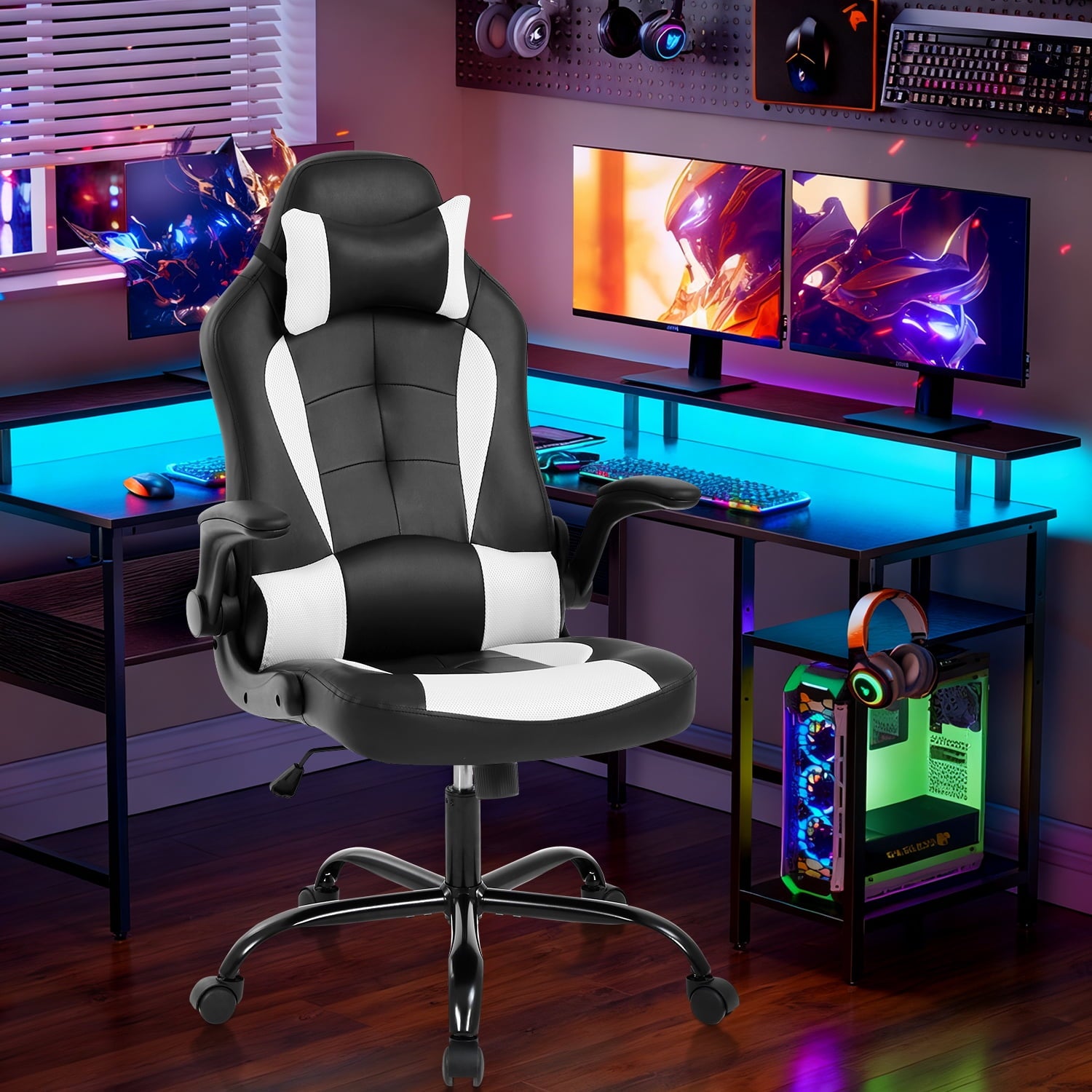 NiamVelo Leather Gaming Chair Ergonomic Video Game Chairs with Flip up Arms, Adjustable Rolling Swivel Chair for Adult Teen, White