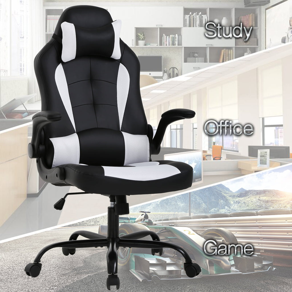 NiamVelo Leather Gaming Chair Ergonomic Video Game Chairs with Flip up Arms, Adjustable Rolling Swivel Chair for Adult Teen, White