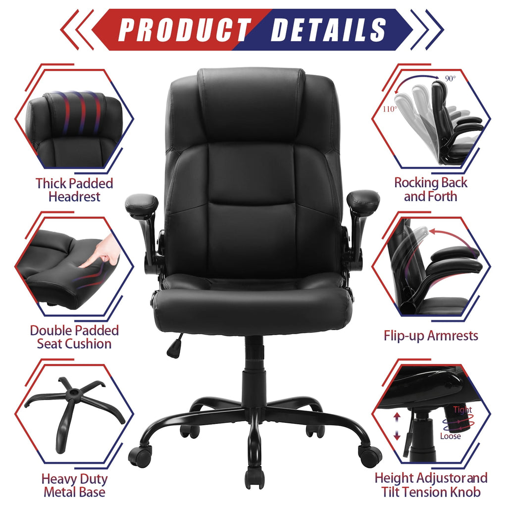 JONPONY Big and Tall Office Chair 400LBS Wide Seat Ergonomic Computer Desk Chair High Back Executive Leather Chair Adjustable Task Chair Lumbar Back Support 8 Hours Heavy Duty Design,9189,Black